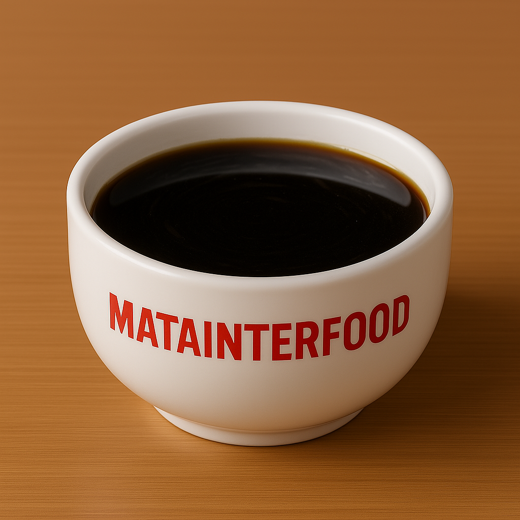 น้ำซุปดำในถ้วยสีขาว มีตัวหนังสือเขียนว่า MATAINTERFOOD ตัวหนังสือสีแดง อยู่ข้างถ้วย
